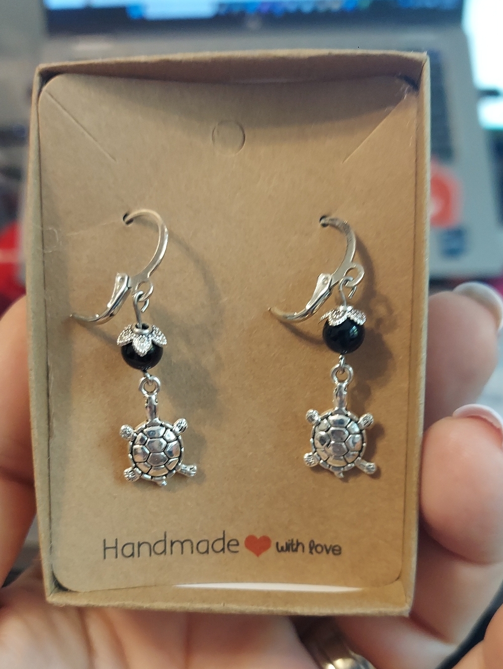 Handmade Silver Turtle Drop Earrings with Black Bead